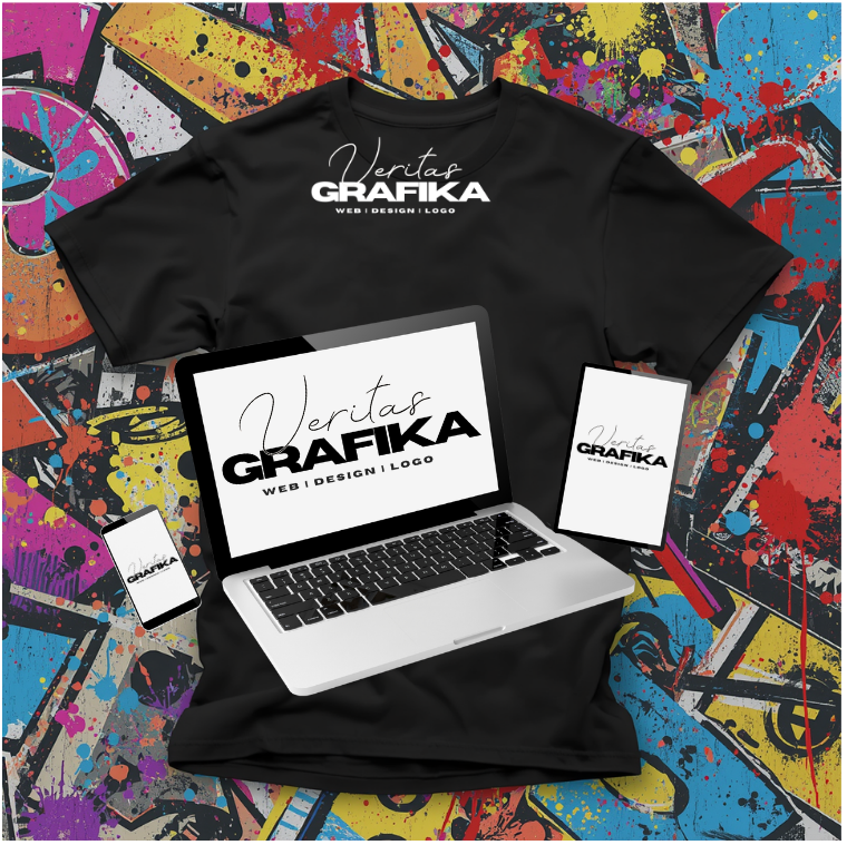 Egyedi céges ruházat tervezés - fekete póló és laptop mockup a Veritas Grafikától